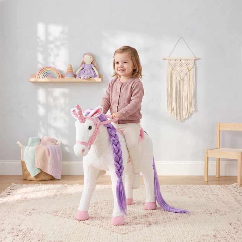 Qaba Ride on Horse for Kids 2+ Years, Toddler Riding Horse with Neighing, Stuffed Animal Horse Toy with Padding, White