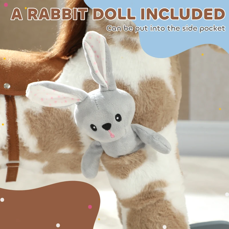 Qaba Rocking Horse, Kids Plush Horse Rocker with Rabbit Toy and Realistic Neigh for Toddlers 2–5 Years Old, Brown