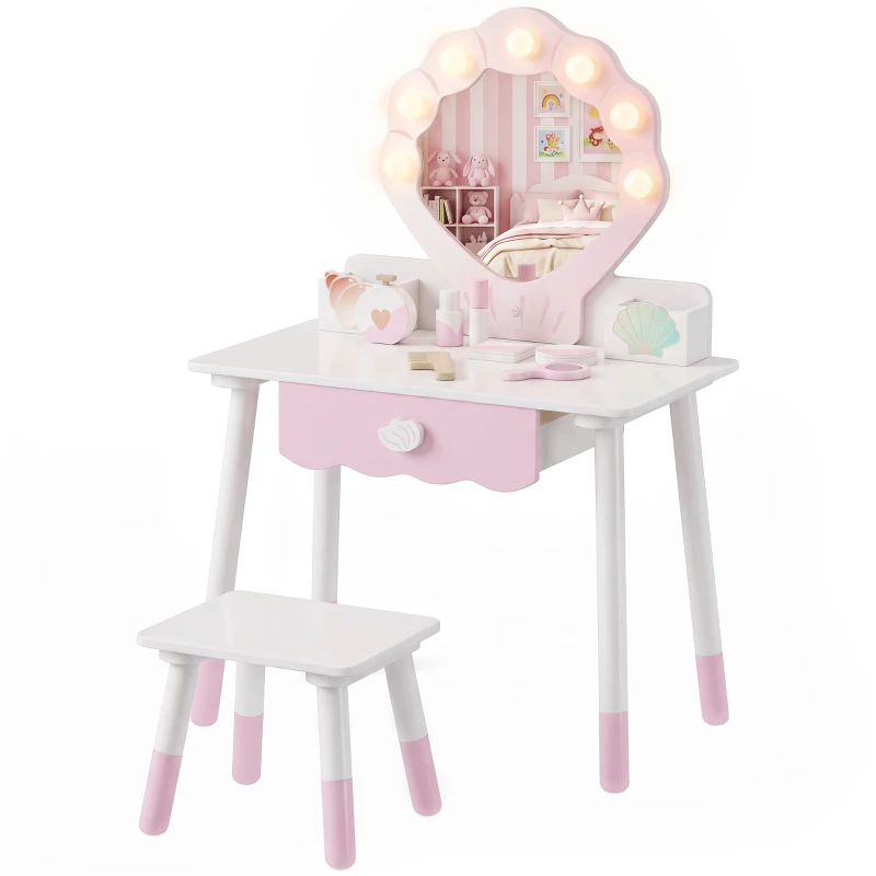 Qaba Kids Vanity Set, Makeup Vanity Table with Lights, Mirror, Stool, 7Pcs Accessories, Pretend Play Set for 3-8 Years, Pink
