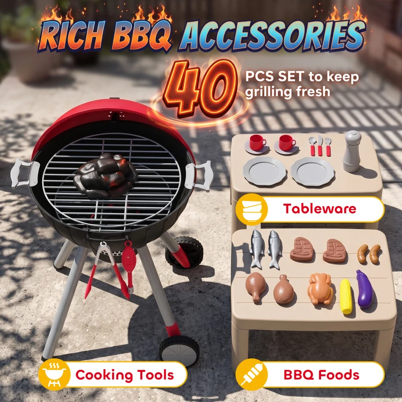 Qaba Kids Kitchen Playset with Sounds, Lights & Realistic Charcoal Effect, 40PCS Pretend BBQ Grill Playset for 3-6 Y, Red