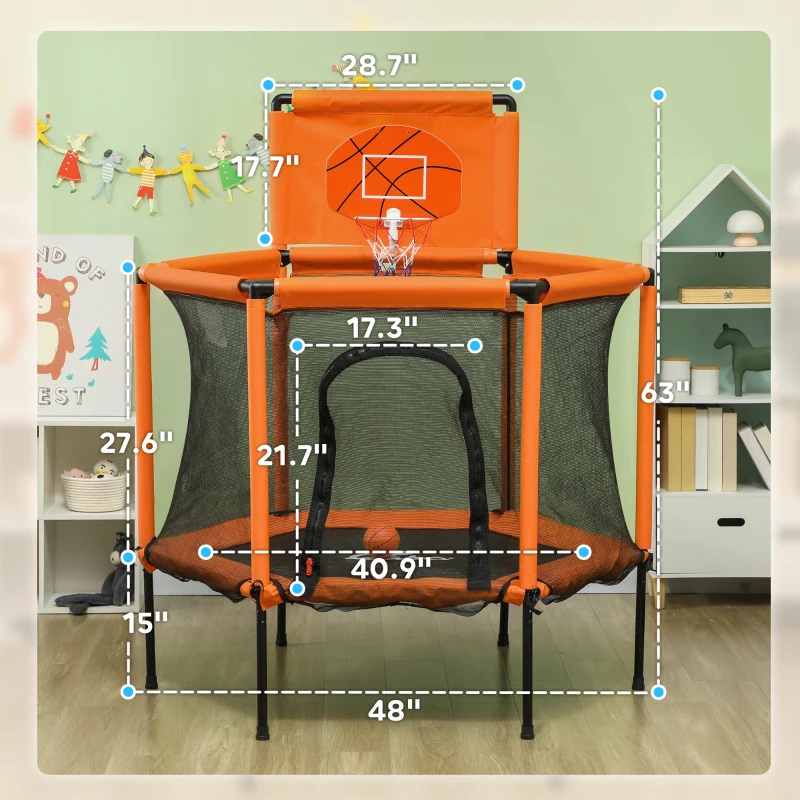 Qaba 48" Kids Trampoline  with Safety Enclosure Net, Basketball Hoop for Ages 3-6, Gifts for Boys & Girls, Orange
