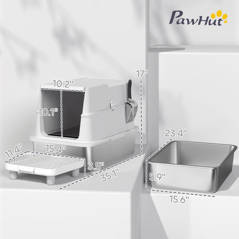 PawHut Extra Large Stainless Steel Cat Litter Box for Big Cats with Flip Cover, High-Sided Enclosure & Scoop