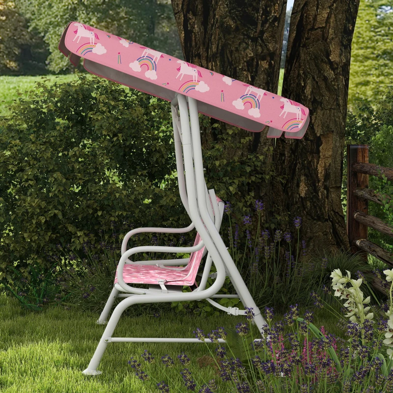 Qaba Kids Porch Swing, 2-Seater Patio Swing Bench with Safety Belts, Adjustable Canopy for Backyard, Garden, Pink