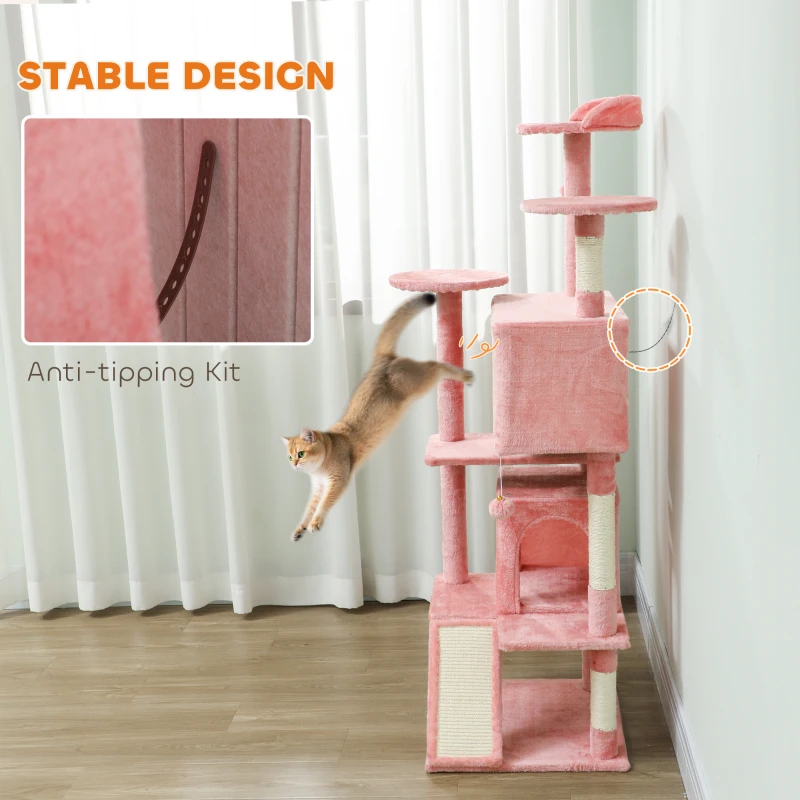 PawHut 63" Cat Tree, Multi-Level Cat Tower with Scratching Posts, Cat Condos, Bed, Platforms, Ramp, Toy Ball, Pink