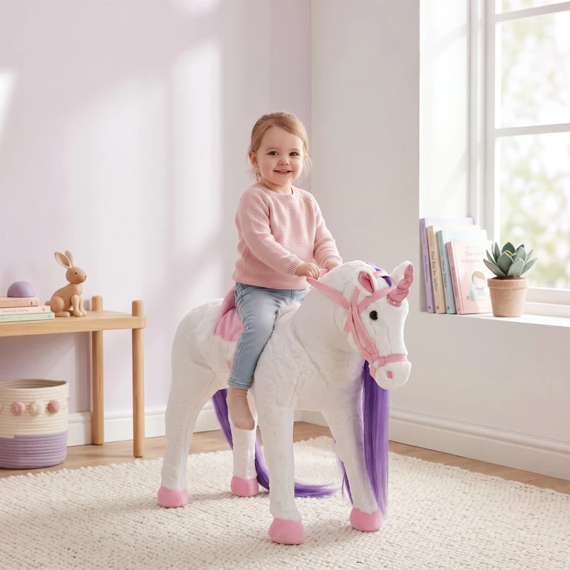 Qaba Ride on Horse for Kids 2+ Years, Toddler Riding Horse with Neighing, Stuffed Animal Horse Toy with Padding, White