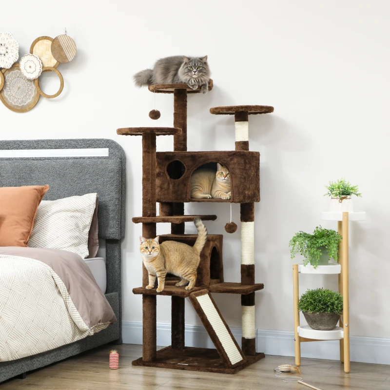 PawHut 54" Cat Tree, Multi-Level Cat Tower with Scratching Posts, Cat Condos, Bed, Platforms, Ramp, Toy Ball, Light Brown