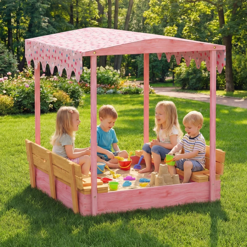 Qaba Wooden Sandbox with Cover, Kids Sandbox Outdoor with Seat, Bottom Liner, Canopy for Ages 3-6, Flamingos Print, Pink