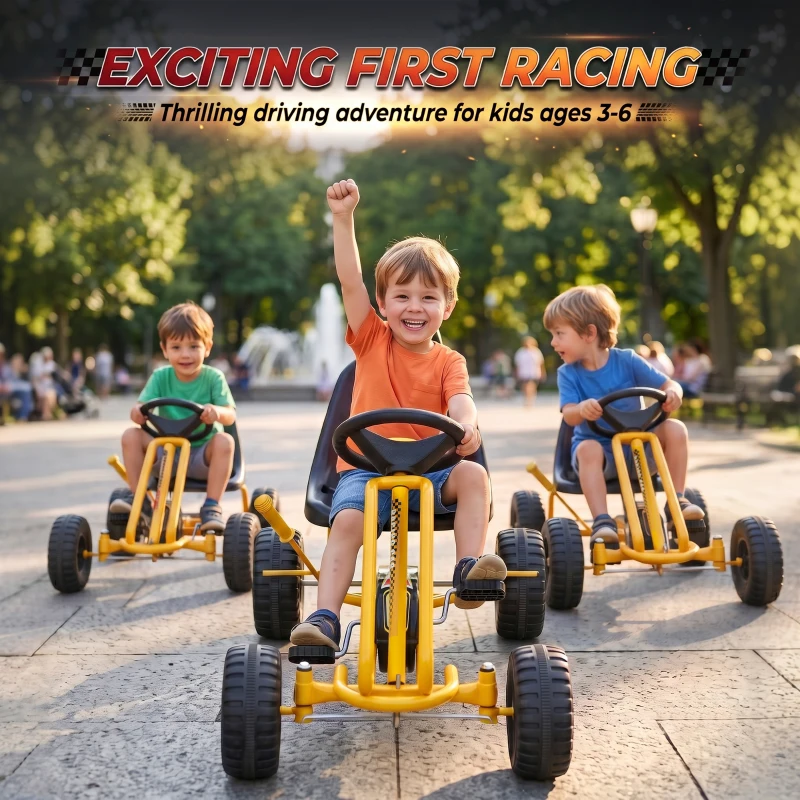 Qaba Go Kart for Kids, 4 Wheel Pedal Go Cart with Adjustable Seat, Safety Hand Brake for Boys Girls 3-6 Years, Yellow