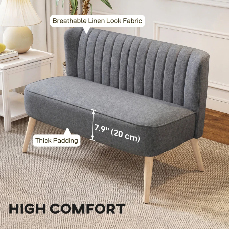 HOMCOM Modern 2 Seater Sofa, Upholstered Two Seater Couch with Rubber Wood Legs, Grey