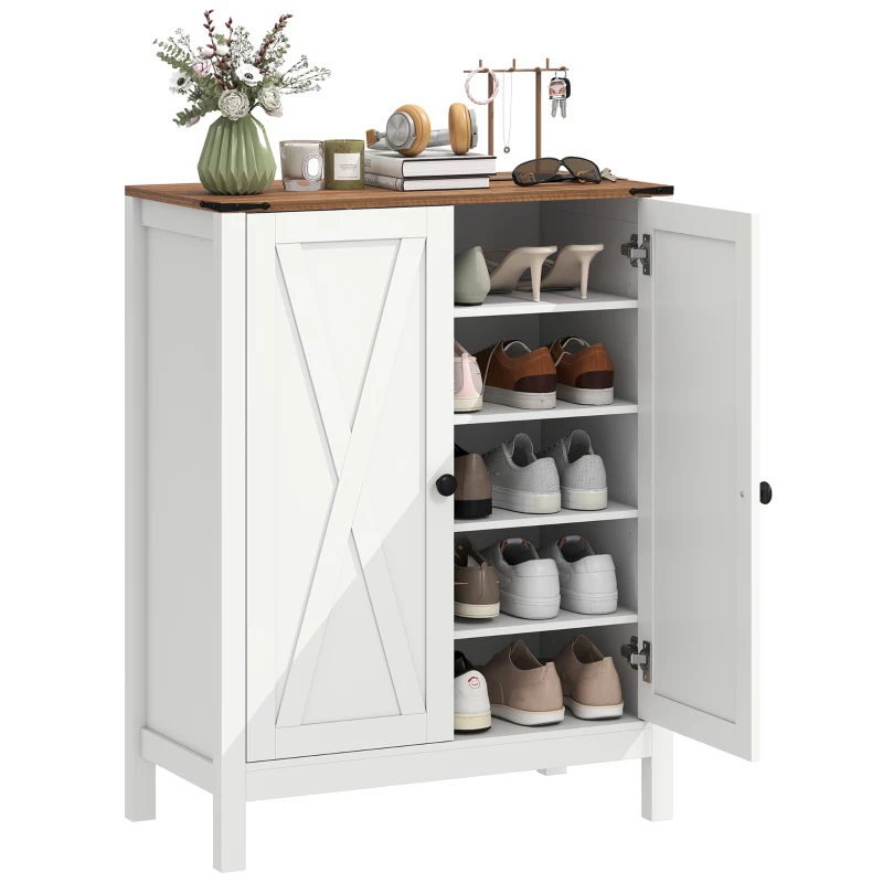 HOMCOM Shoe Cabinet with Barn Doors, Farmhouse Shoe Storage Cabinet with Adjustable Shelves, Holds up to 15 Pairs, White