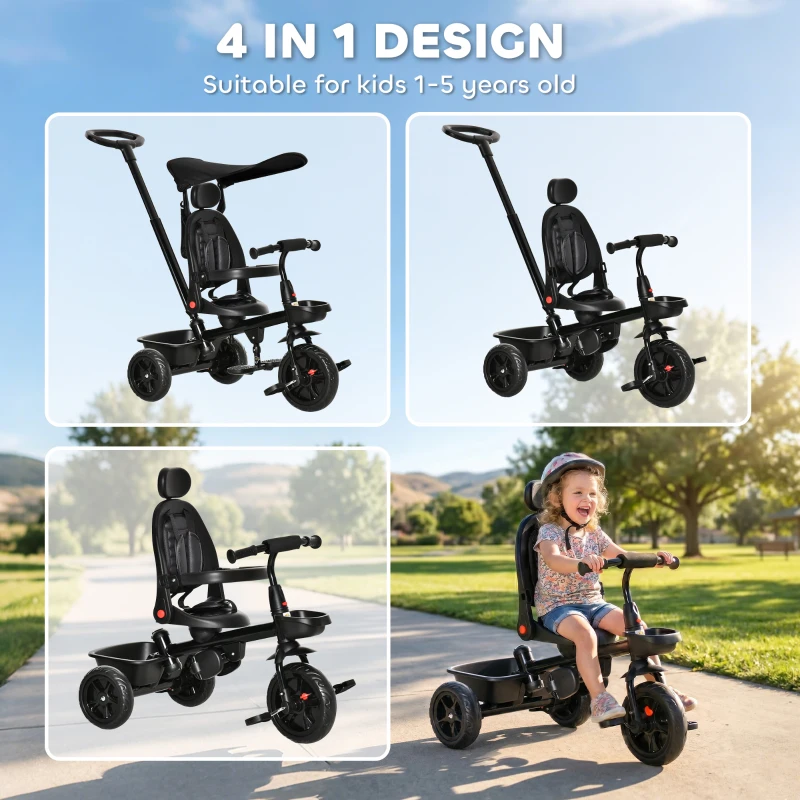 Qaba Tricycle for Toddler 5 in 1 Kids Trike, Converts Stroller to Toddler Bike, Adjustable Backrest & Flat Canopy, Detachable Guardrail & Handle for 1-5 Years Old, Black