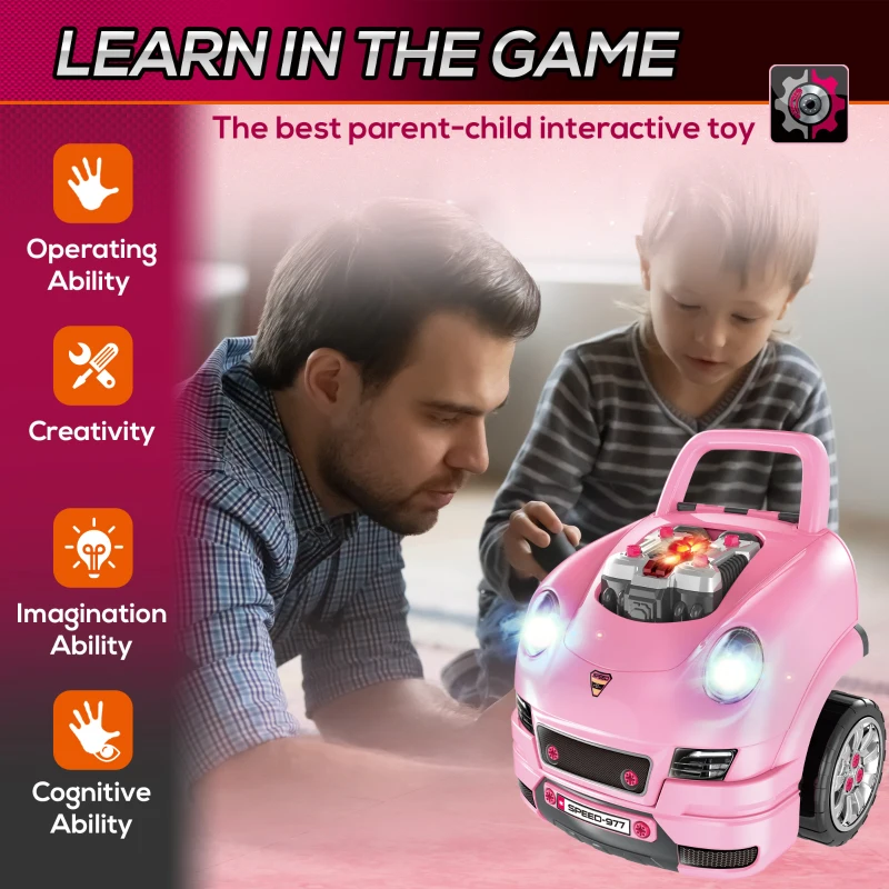 Qaba Mechanic Kids Truck Engine Toy Set, Car Service Play Set, Pink