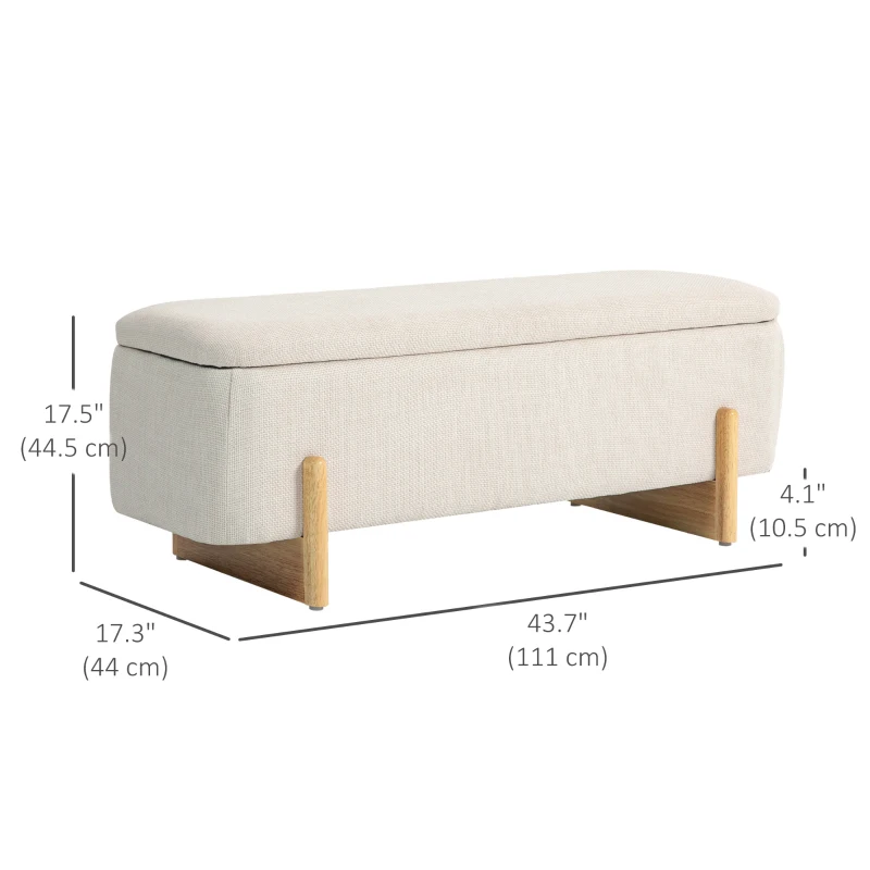 HOMCOM Storage Ottoman with Linen-Look Upholstery, Storage Bench with Safety Hinges and Wooden Legs for Bedroom, Cream White