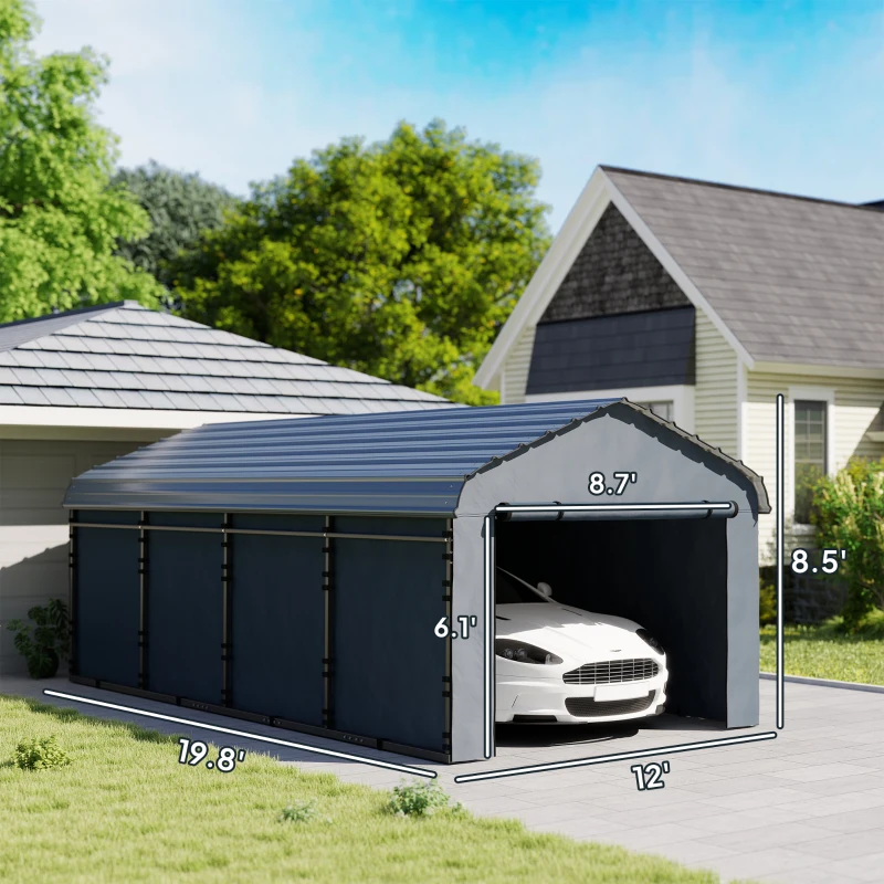 Outsunny 12' x 20' Metal Carport, Heavy Duty Garage Car Canopy with Galvanized Metal Roof and Removable Sidewalls, Dark Gray