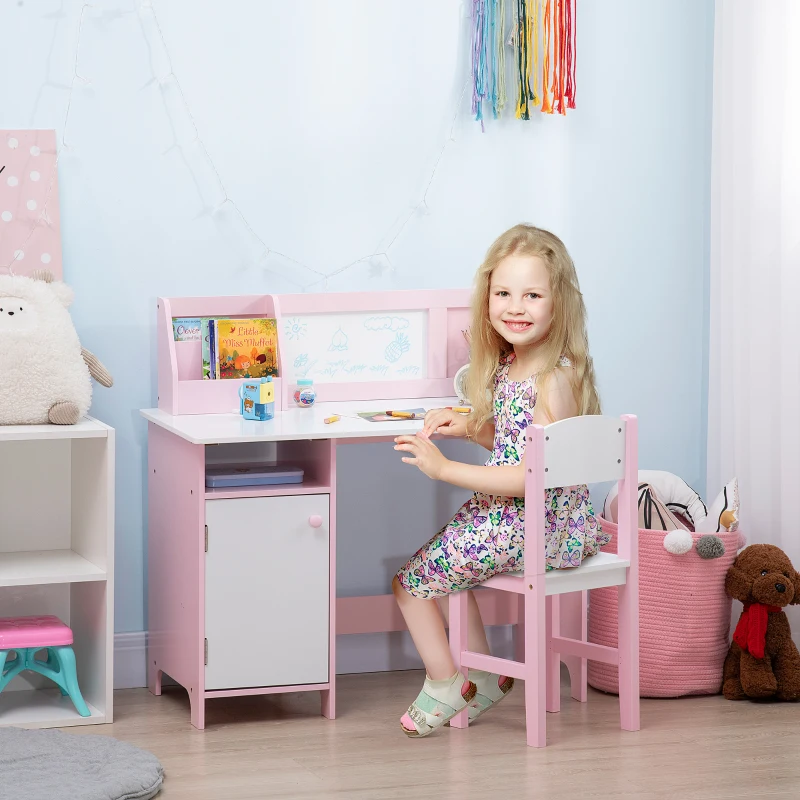 Qaba Toddler Table and Chair Set, Kids Writing Desk Homework Table with Whiteboard, Storage Cabinet, Pink