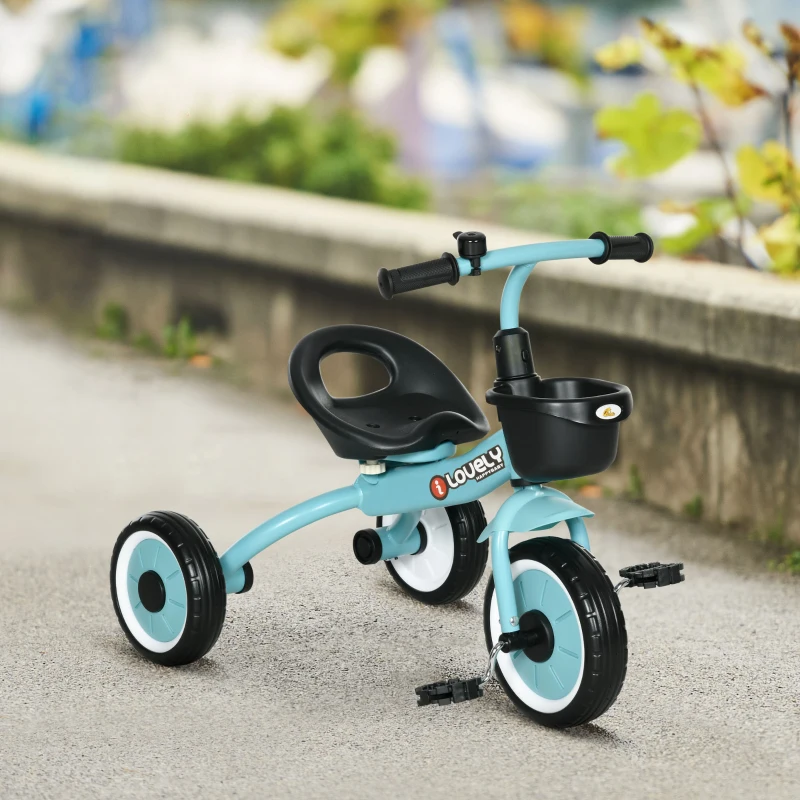 Qaba Tricycle for Toddler 2-5 Year Old Girls and Boys, Toddler Trike with Adjustable Seat, Basket, Bell, Blue