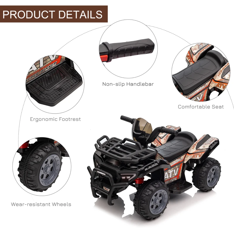 Aosom Kids ATV Four Wheeler  Ride on Car, Motorized Quad, 6V Battery Powered Electric Quad with Songs for 18-36 Months, Black
