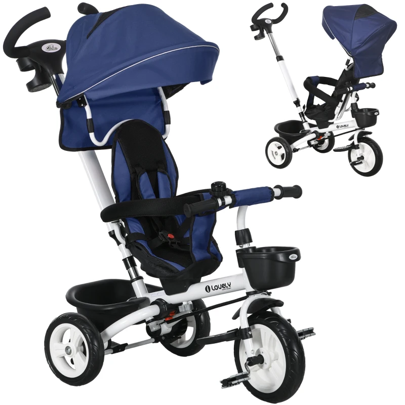 Qaba 6 in 1 Toddler Tricycle with Parent Push Handle, Canopy, Storage Baskets, Cupholder, Dark Blue