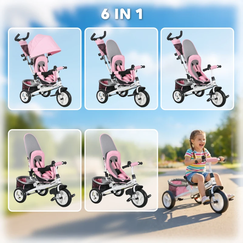 Qaba 6 in 1 Tricycle for Toddler 1-5 Years with Parent-Push Handle, Pink