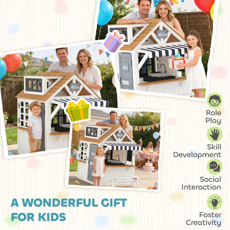 Qaba Outdoor Playhouse, Wooden Kids Playhouse with Dog Door, Cookware, Blackboard, Bench, Doorbell for Ages 2+