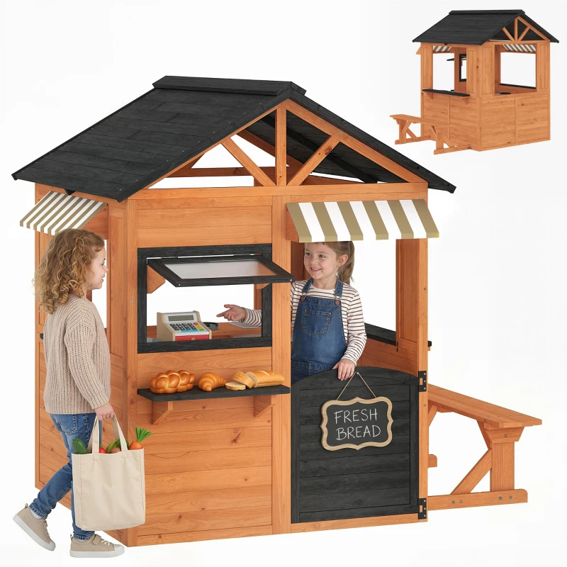 Qaba Wooden Kids Playhouse with Play Kitchen, Picnic Bench, Serving Station, Windows and Door for Backyard, Ages 3–8, Brown