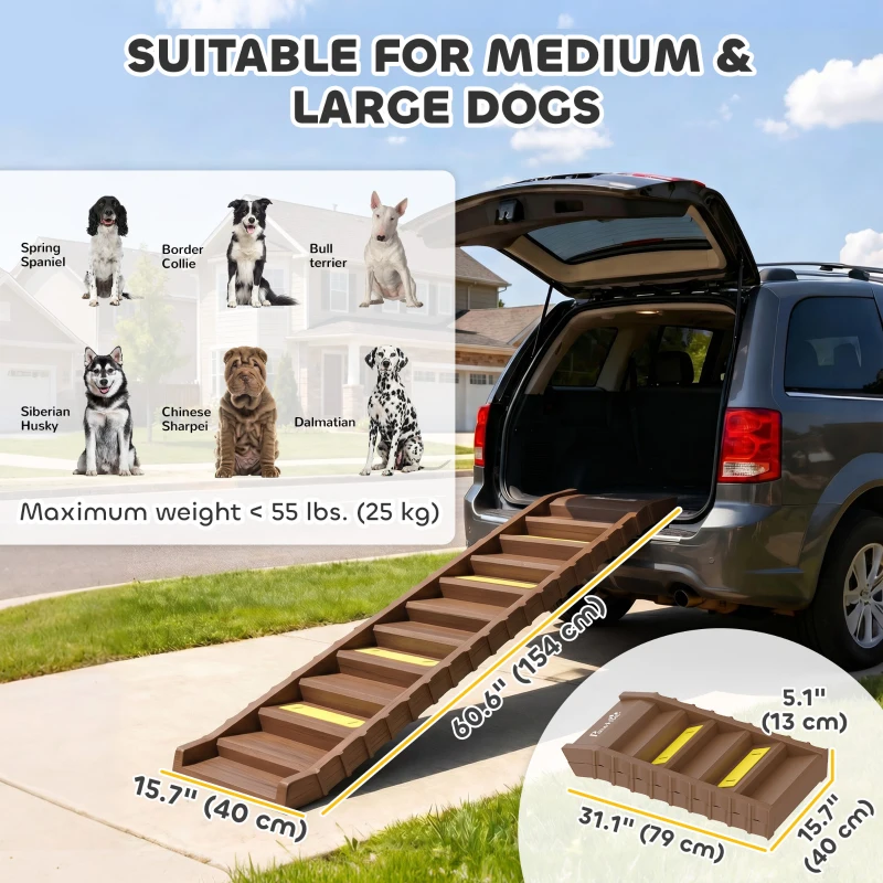 PawHut Foldable Dog Car Ramp, Dog Ramp with Anti-Slip Steps, Pet Stairs for Senior Pets to Access Cars and High Beds, Brown