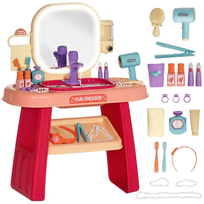 Qaba Kids Vanity Set with Mirror, LED Light, Music, 23 Accessories, Pretend Play Set for Girls 3-6 Years, Pink