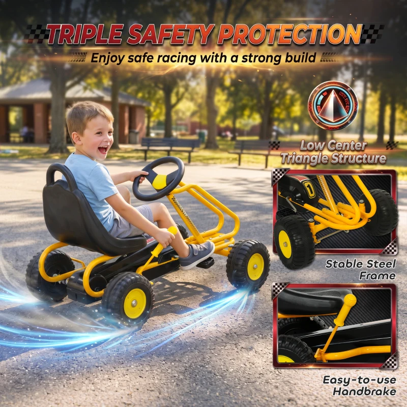Qaba Go Kart for Kids, 4 Wheel Pedal Go Cart with Adjustable Seat, Safety Hand Brake for Boys Girls 3-6 Years, Yellow