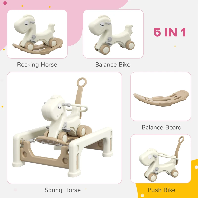 Qaba 5 in 1 Rocking Horse for Toddlers 1-3 Years with Detachable Balance Board, Push Handle, Footrest, Cream White