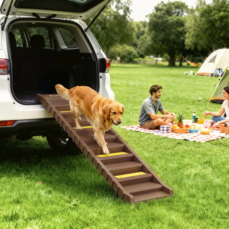 PawHut Dog Stairs for Car Truck SUV, Foldable Dog Ramp for Large Medium Small Dogs, Brown