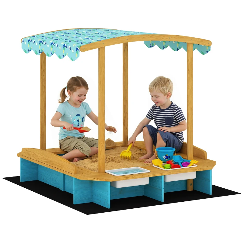 Qaba Wooden Sandbox with Dinosaur Print Canopy Kids Sandbox Outdoor with Bench Seats & 2 Storage Bins
