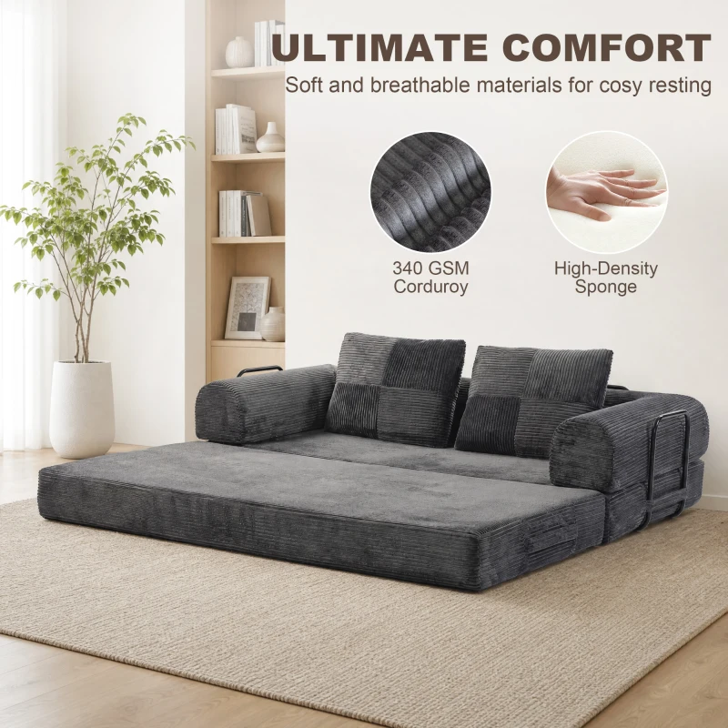 HOMCOM 5-in-1 Convertible Sofa Bed, L-Shaped Loveseat Reversible Sleeper Sofa with 2 Pillows, Dark Grey