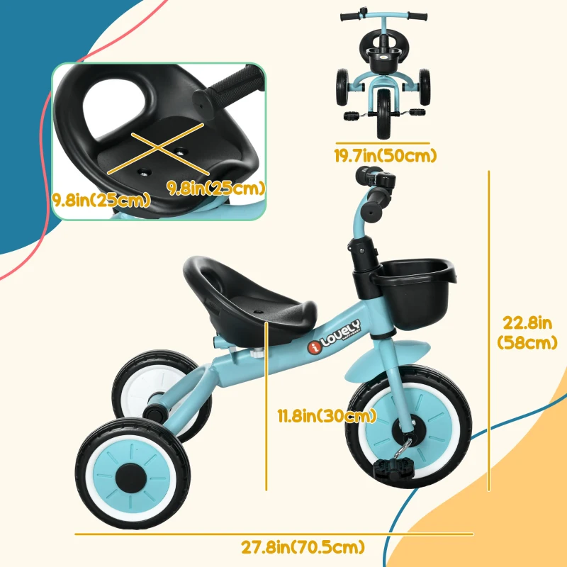 Qaba Tricycle for Toddler 2-5 Year Old Girls and Boys, Toddler Trike with Adjustable Seat, Basket, Bell, Blue