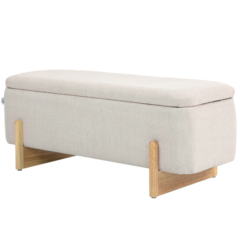 HOMCOM Storage Ottoman with Linen-Look Upholstery, Storage Bench with Safety Hinges and Wooden Legs for Bedroom, Cream White