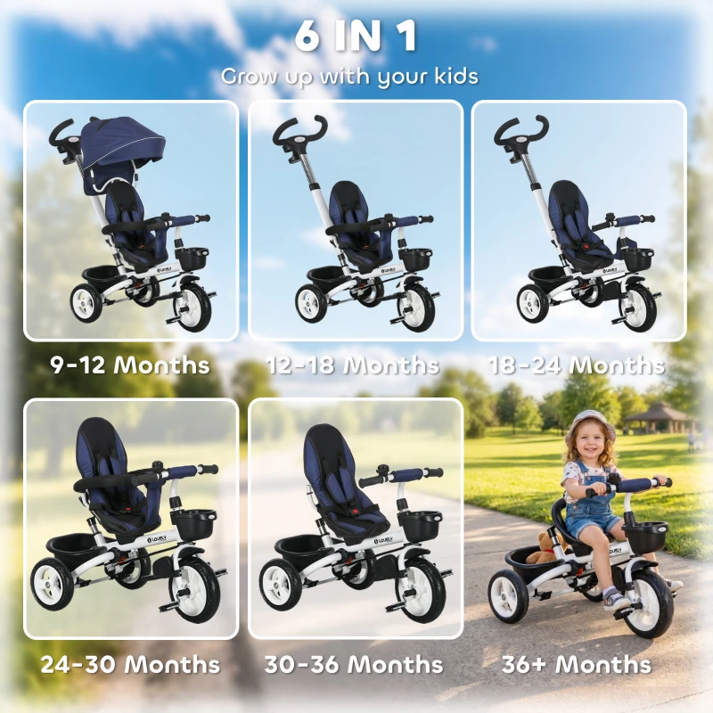 Qaba 6 in 1 Toddler Tricycle with Parent Push Handle, Canopy, Storage Baskets, Cupholder, Dark Blue