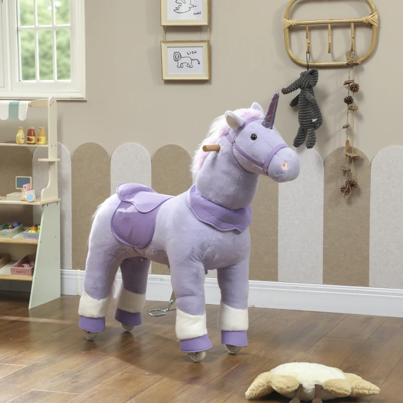 Qaba Ride on Unicorn Toy for Kids 4-7 Years, 37.8 Inch Plush Baby Rocking Horse with Wheels, No Battery Required, Purple