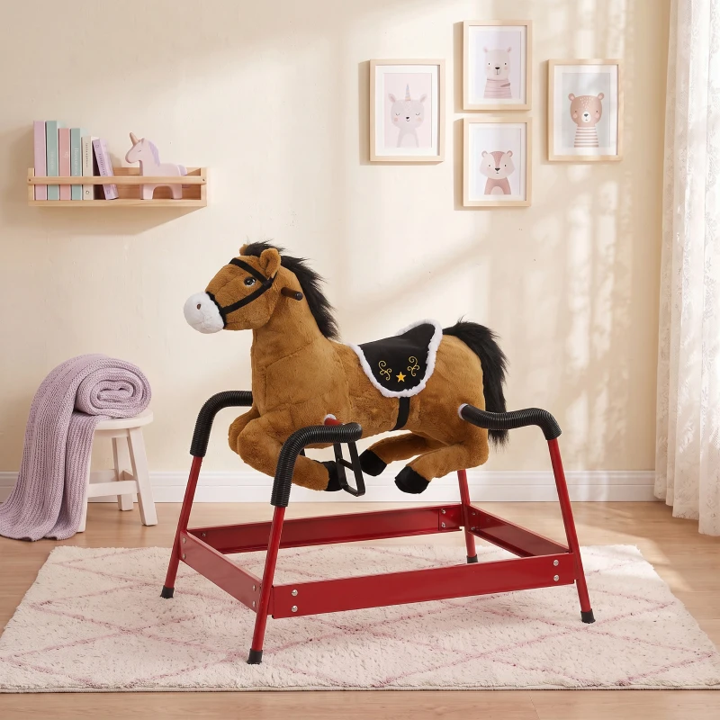 Qaba Kids Spring Rocking Horse, Ride on Horse with Neighing Sounds, Plush Animal Ride on Toy for Ages 3+ Years, Brown