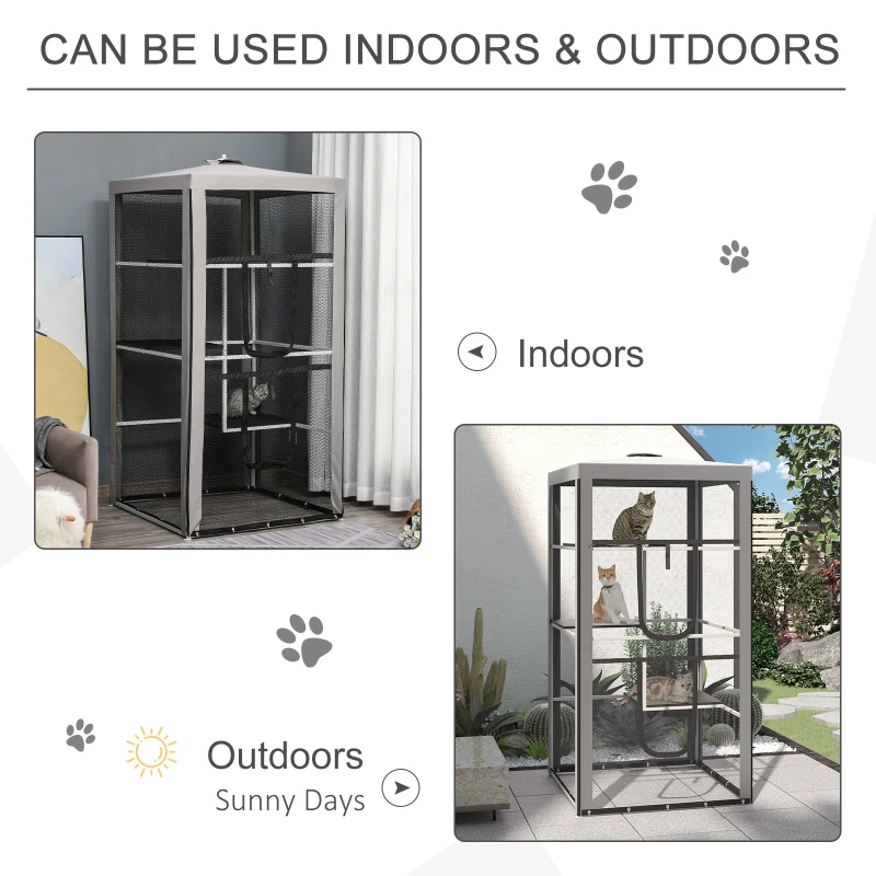 PawHut 79"H Catio Outdoor Cat Enclosure, Steel Frame Cat Cage with 3 Platforms, 2 Doors and 4 Sandbags for Stability