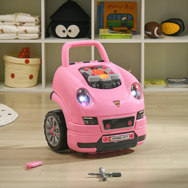 Qaba Mechanic Kids Truck Engine Toy Set, Car Service Play Set, Pink
