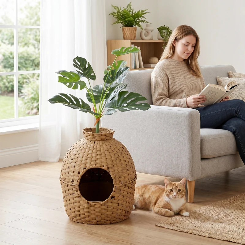 PawHut Hidden Cat Litter Box Enclosure with Faux Plant & Stainless Steel Tray for Bedroom, Living Room, Corner