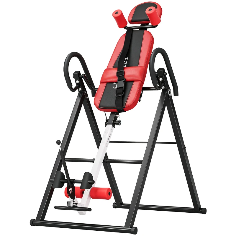 Soozier Heavy Duty Inversion Table with Protective Belt, Adjustable Folding Back Stretcher Machine with Headrest, Red