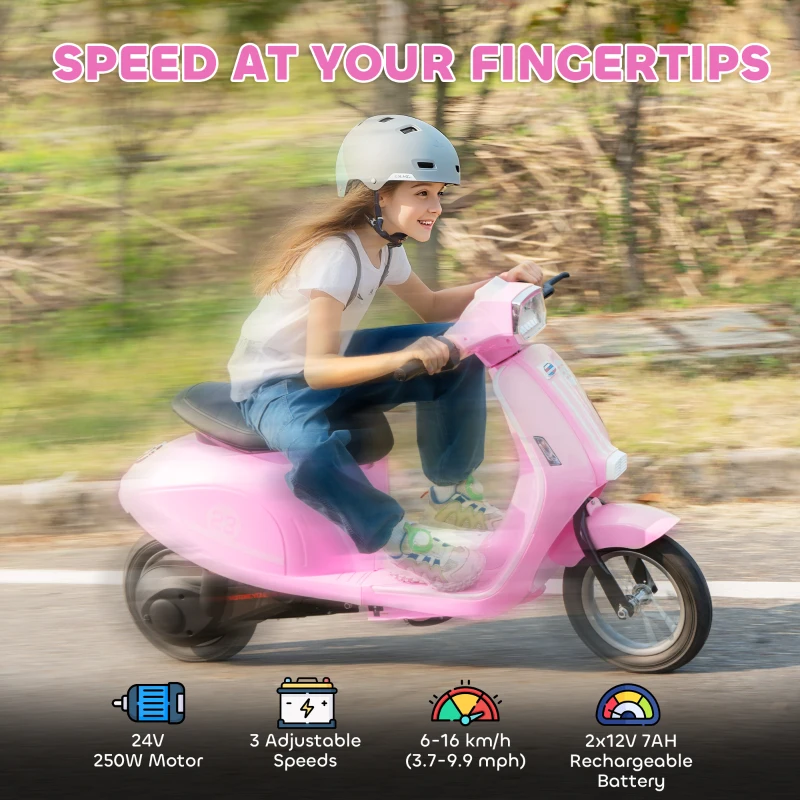 Qaba 24V Kids Motorcycle with 3-Speed, Electric Motorcycle with Rear Suspension and LED Lights for 8-12 Years Old, Pink