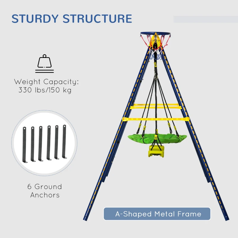 Outsunny Kids Metal Swing Set for Backyard, Outdoor Play Equipment, with Saucer Swing Adjustable Swing Seat, Basket Hoop, Climb Ladder, Net, A-Frame Metal Stand, for 3-10 Years Old, Green