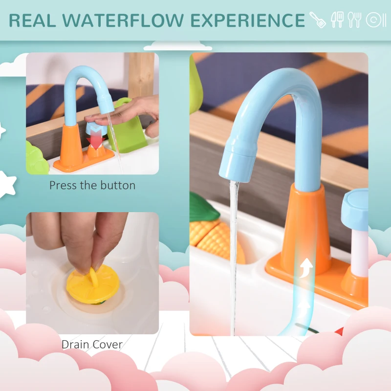 Outsunny Kids Kitchen, Playset Game with Sink, Running Water, Vegetable, Dish for 3-7 Years Old