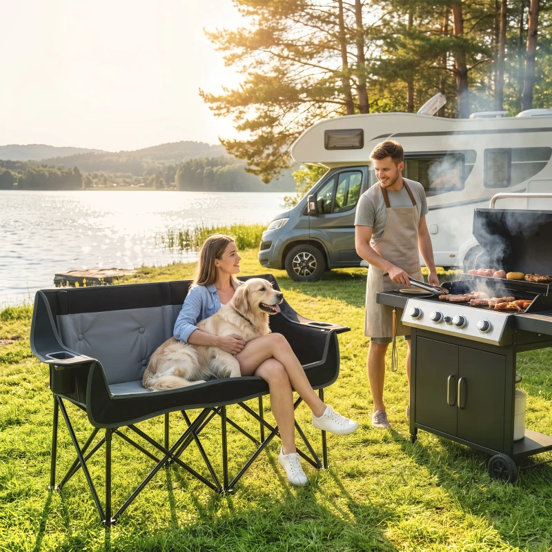 Outsunny Heated Double Camping Chair, Oversized Folding Padded Camp Loveseat Couch with 3 Heat Levels and 4 Heating Zones