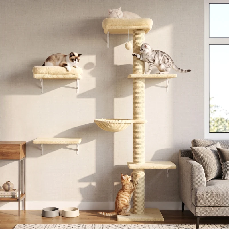 PawHut Cat Wall Shelves, 3-in-1 Cat Wall Furniture Set with Scratching Post for Indoor Kittens Climbing Sleeping, Beige