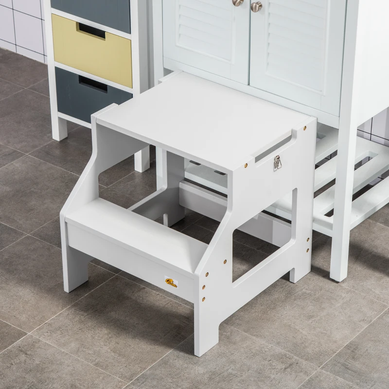 Qaba Kids Kitchen Step Stool, 2 in 1 Kitchen Table Set Toddler Standing Tower with Chalkboard, Safety Rail for Kitchen, Bathroom, Bedroom, Gray