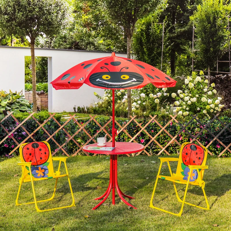 Outsunny Kids Table and Chair Set, Outdoor Folding Garden Furniture, Picnic Table for Patio Backyard, with Removable & Height Adjustable Sun Umbrella, Red