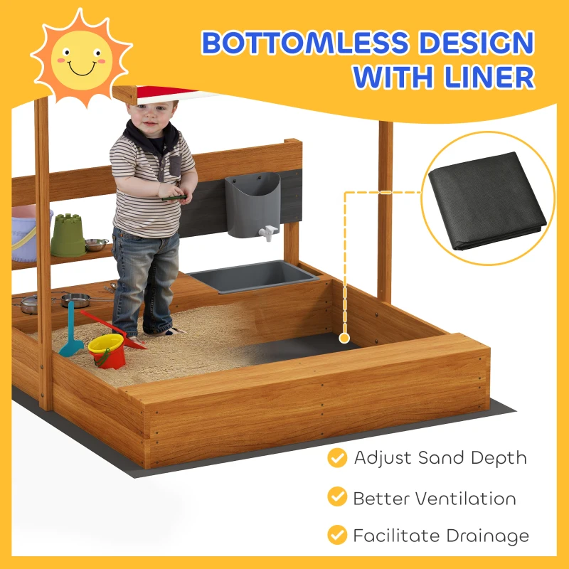 Outsunny Kids Sandbox with Cover Kitchen Playset Toys, Wooden Sand Box with Seat, Storage, for 3-7 Years Old, Red