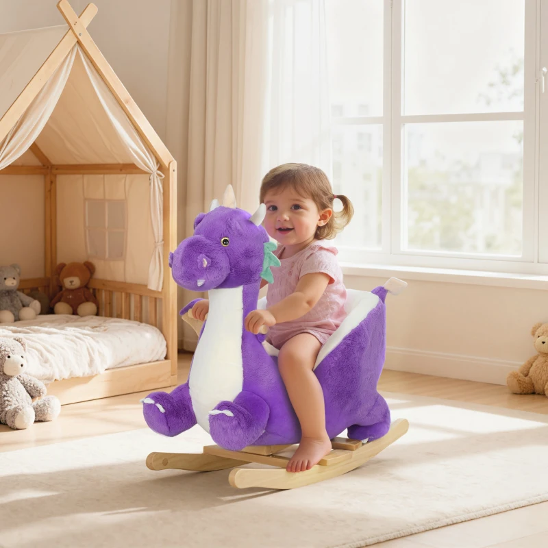 Qaba Baby Rocking Horse, Kids Ride On Dragon Toy with Realistic Dragon Roar and Safety Belt for Kids 18–36 Months, Purple